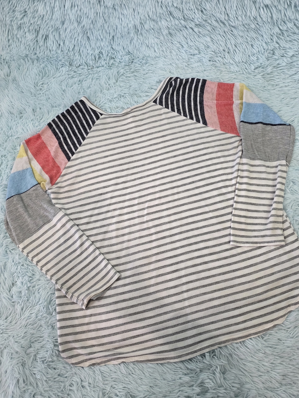 My Story Striped Raglan Top Medium Grey Cream Mixed Pattern Sleeves Boho - Picture 4 of 8